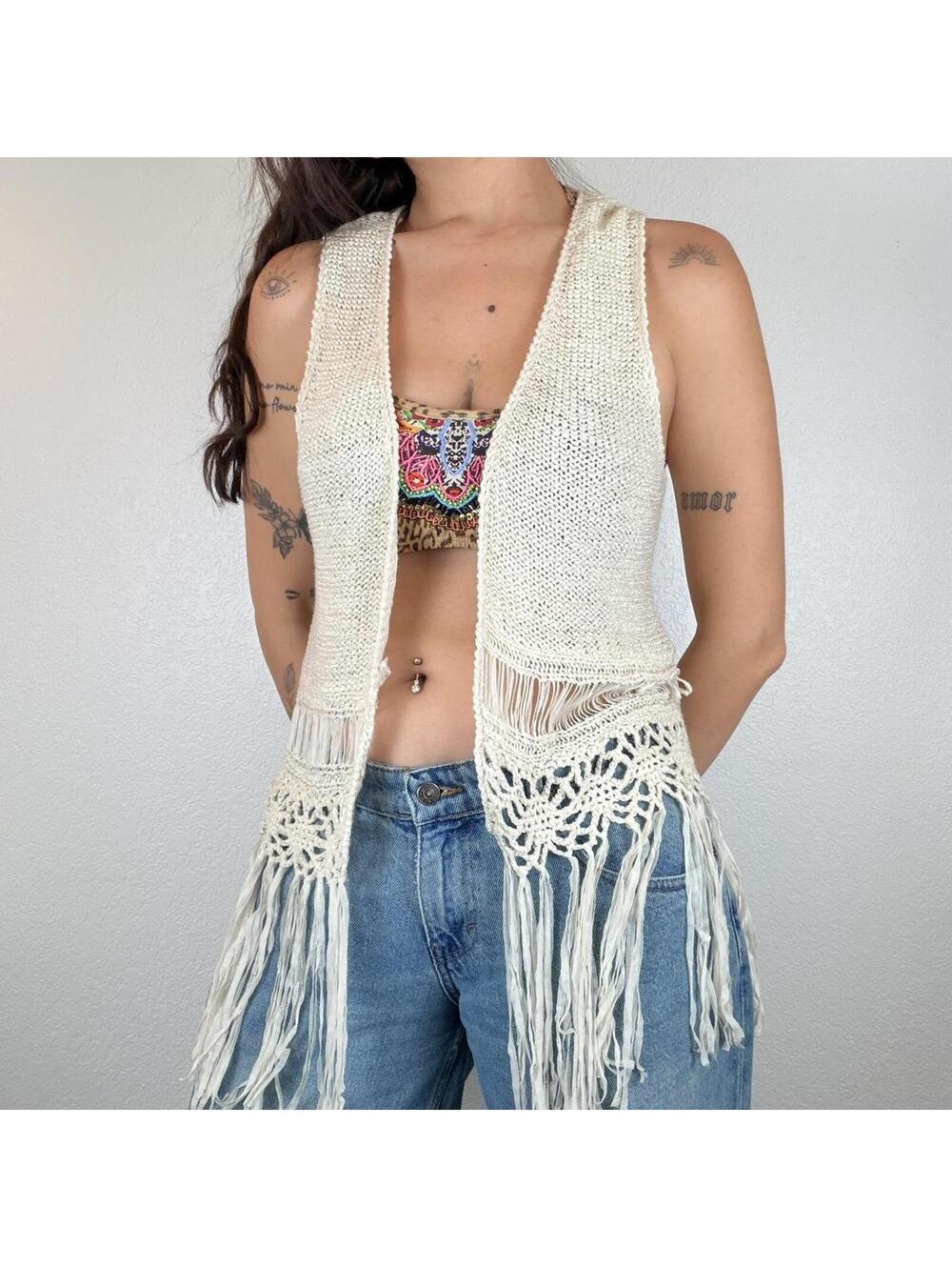 Cream Crochet Fringe Vest